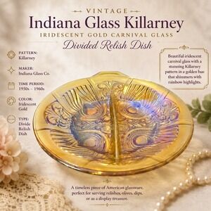 Vintage Indiana Glass‎ Co Killarney Iridescent Gold Carnival Glass Relish Dish